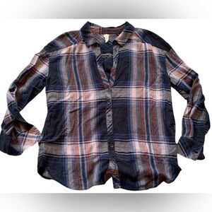Free People Peppy In Plaid Button Up BOHO TOP SHIRT BLOUSE sz L